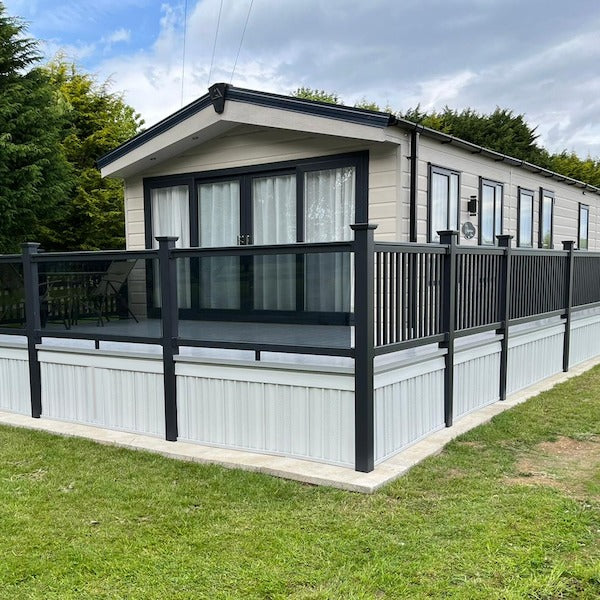 A fully installed caravan decking kit in the grey and anthracite colours