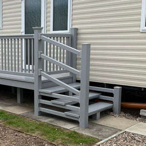 An example of a fully installed 6' x 3' entry platform with steps in the light grey colour